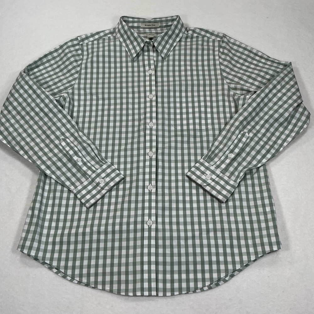 LL Bean Wrinkle Free Gingham Button Down Shirt Green White 100% Cotton M 503436
